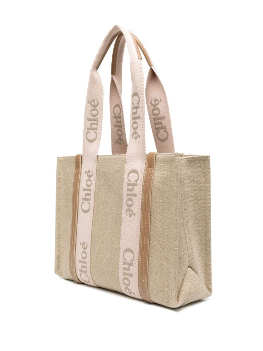 Chloé Textured Linen Tote Bag With Contrasting Handles