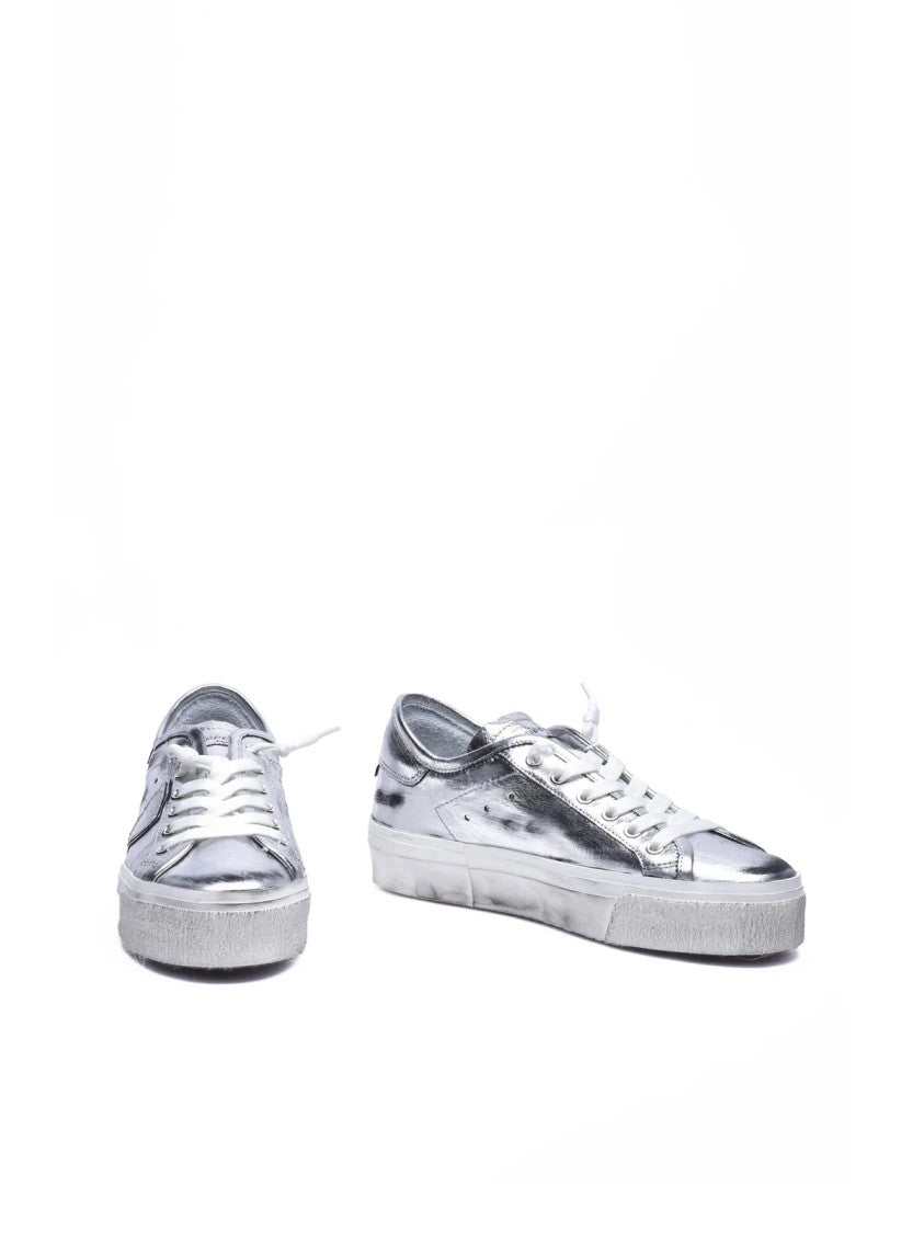 Philippe Model Shiny Metallic Silver Low-Top Sneakers