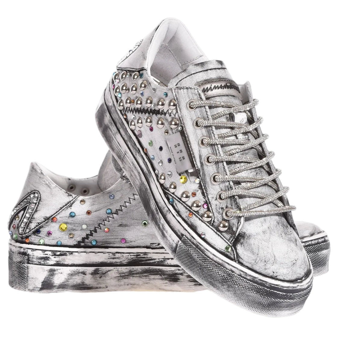 Mimanera White Black Handcrafted Swarovski Studded Sneakers