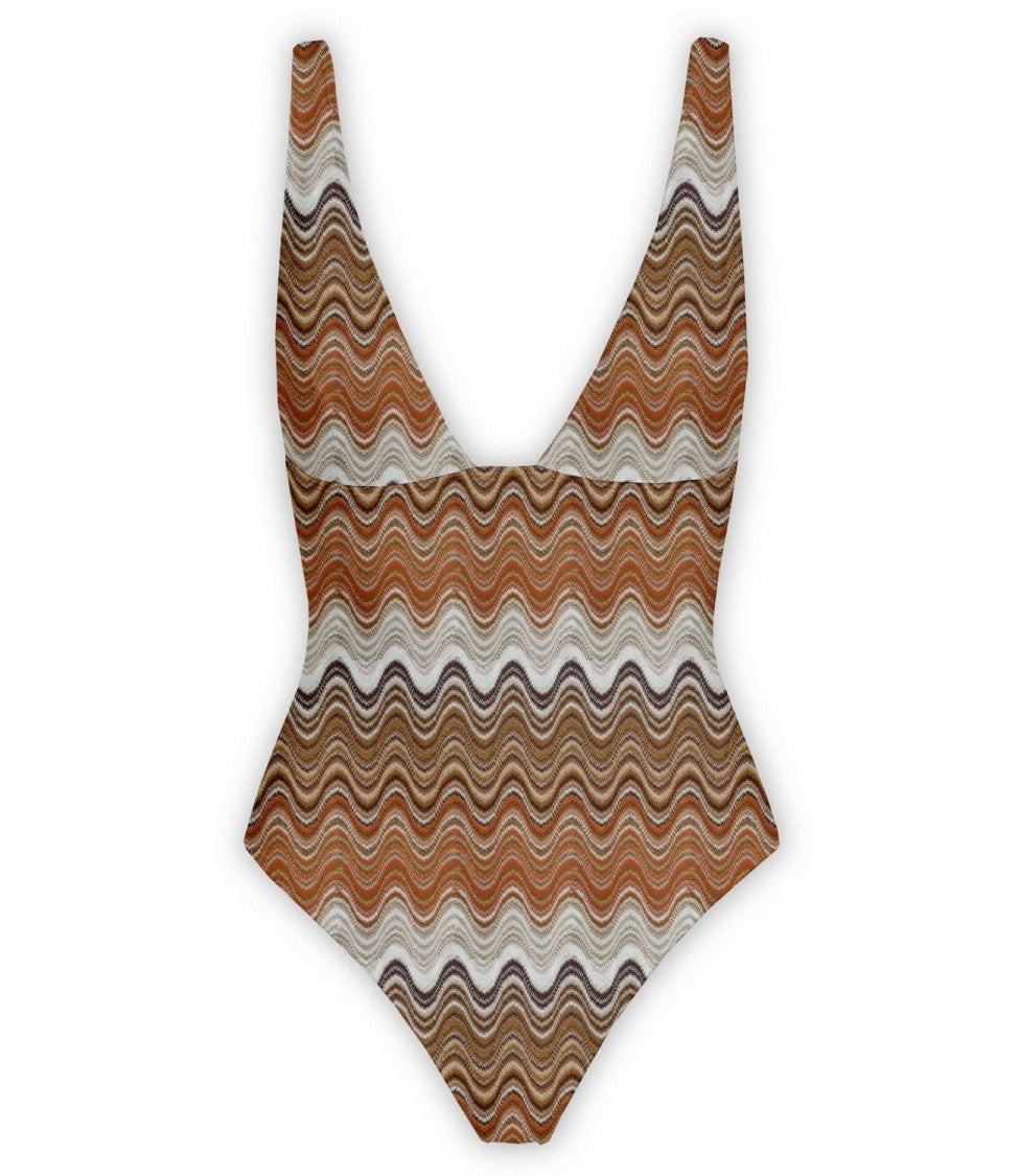 Mc2 Saint Barth Deep V-Neck One-Piece Swimsuit With Textured Zigzag Pattern