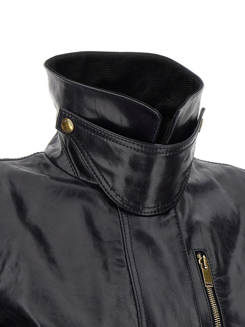 Mcqueen Flared Fit Full-Grain Leather Jacket With Peplos Hem