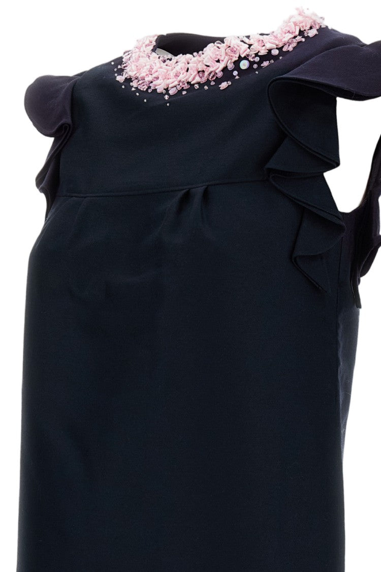 Shushu/Tong Blue Lace Cap Sleeve Bow Embellished Wool-Blend Top