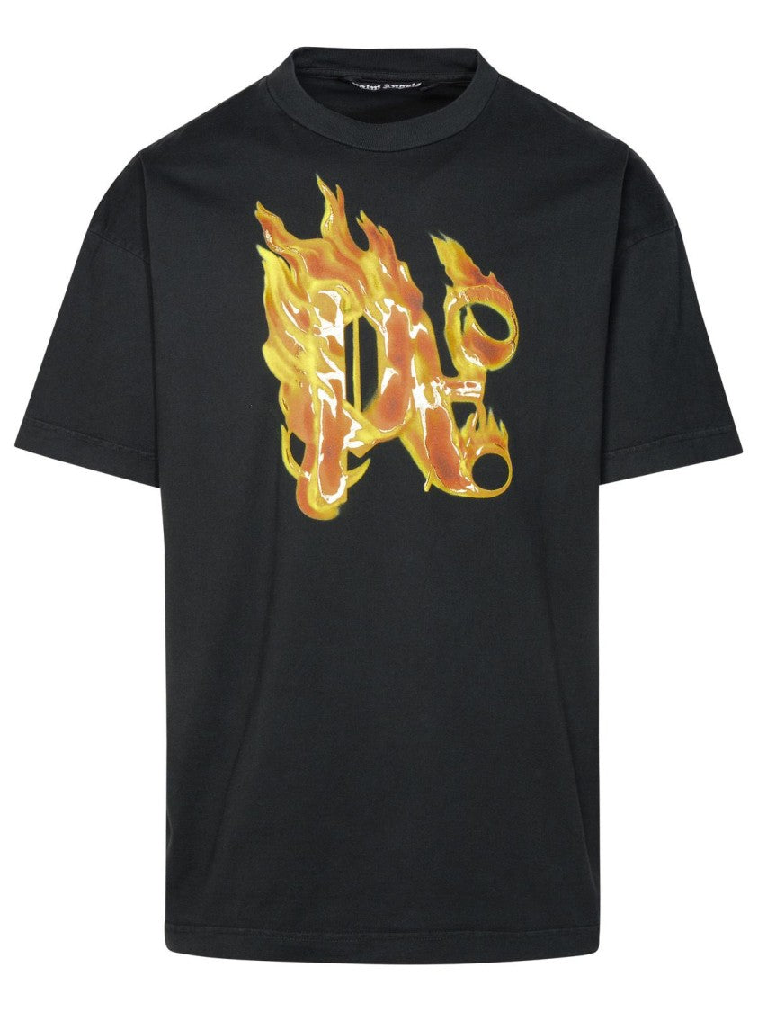 Palm Angels Burning Monogram' Black Cotton T-Shirt