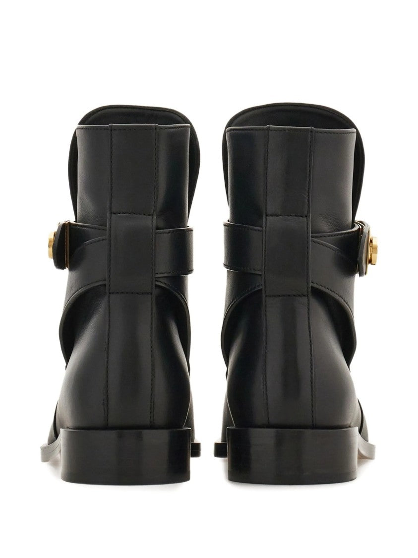 Salvatore Ferragamo Pointed Toe Leather Ankle Boots With Gold-Tone Buckle Detail