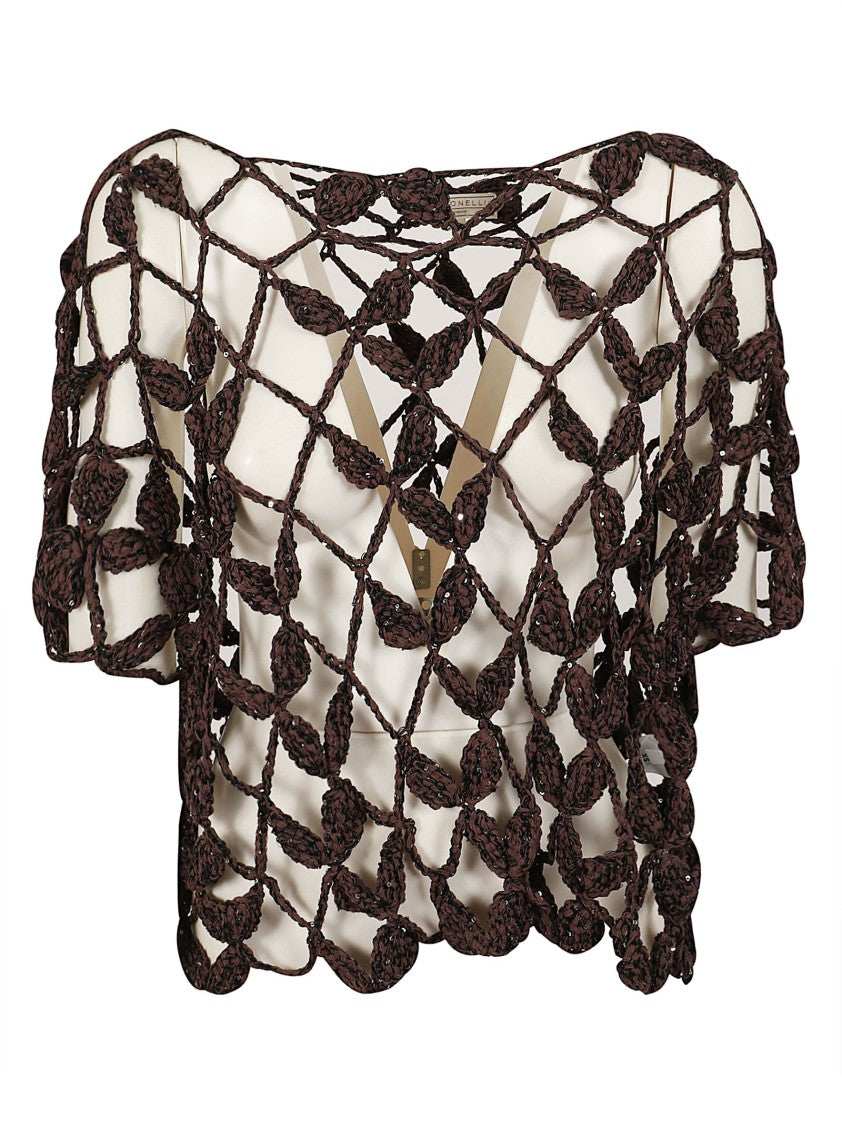 Antonelli Firenze Saponaria Sequined Crochet Short Sleeve Top