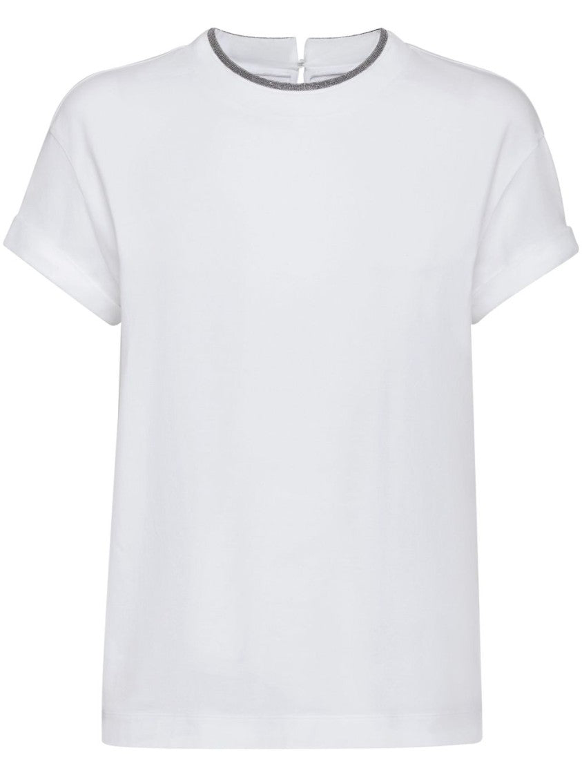 Brunello Cucinelli White Monili Detail Crew Neck Cotton T-Shirt