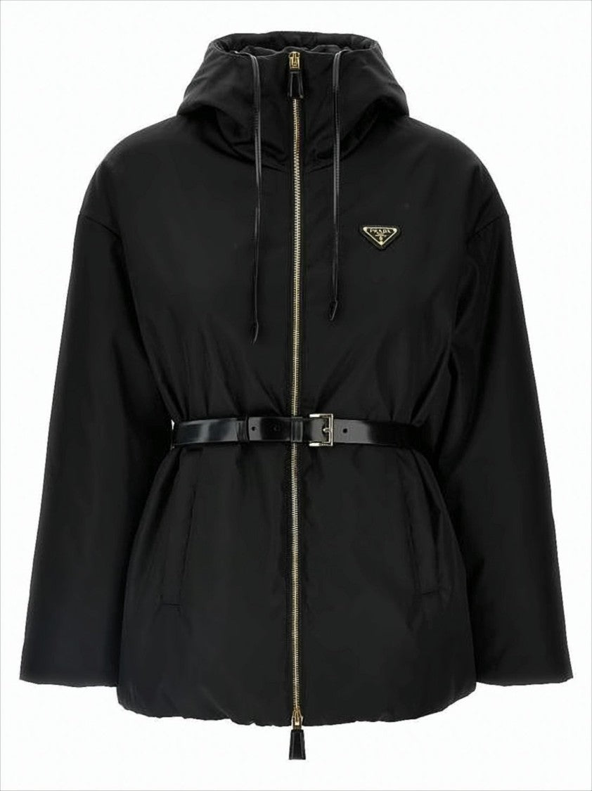 Prada Padded Black Jacket With Hood And Gold-Tone Hardware