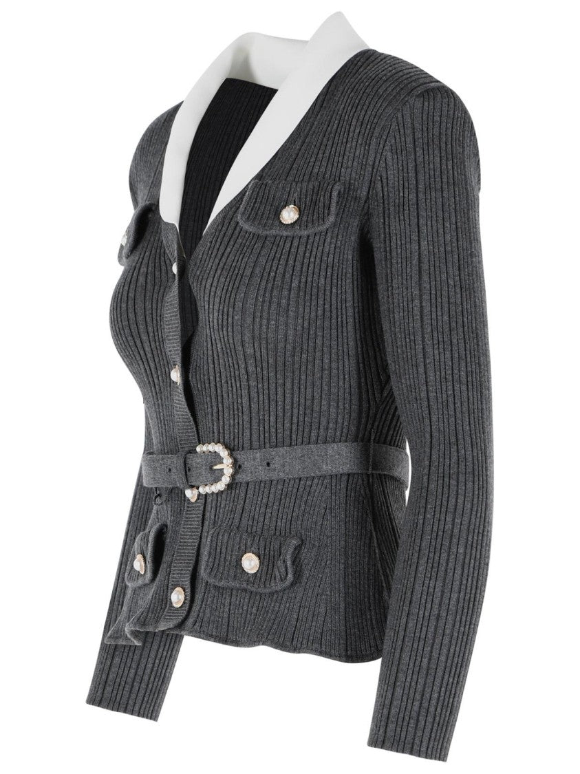 Self-Portrait Ribbed Cardigan In Grey Viscose Blend
