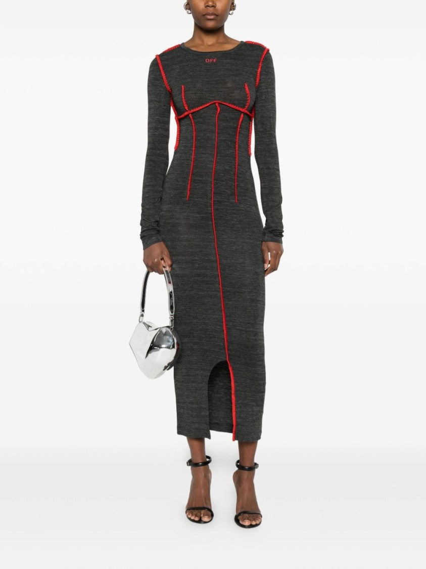Off-White Fitted Midi Dress With Contrast Stitching