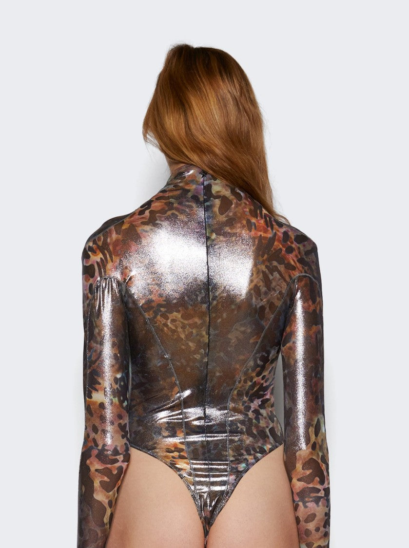 Mugler High-Neck Printed Bodysuit With Mesh Design