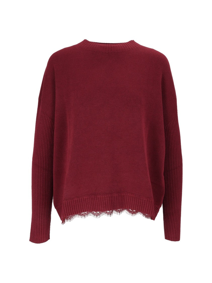 Ermanno Scervino Burgundy Maglia Lace Trim Boxy Sweater