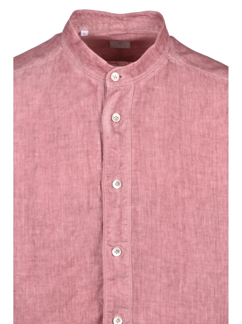Eleventy Brown Mandarin Collar Linen Shirt