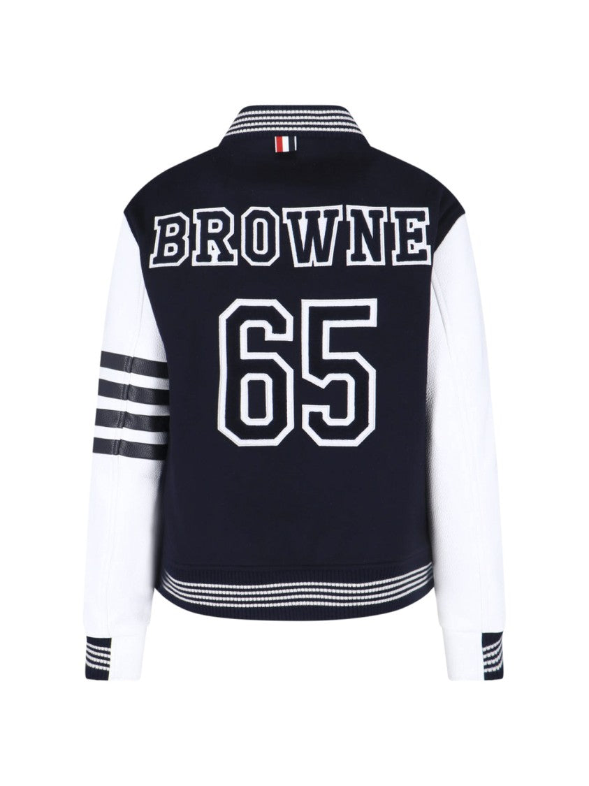 Thom Browne Navy Wool Varsity Leather Sleeve Jacket