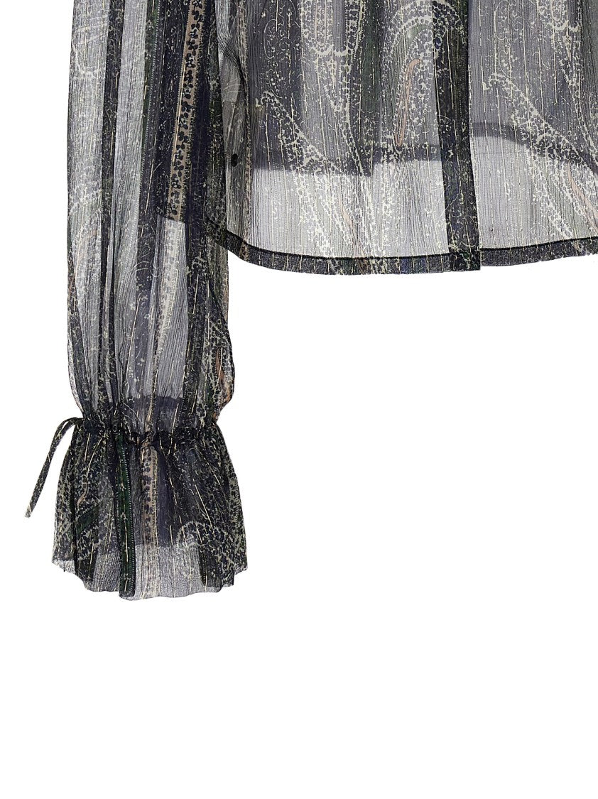 Saint Laurent Paisley Motif Lurex Off-The-Shoulder Blouse With Ruffled Collar