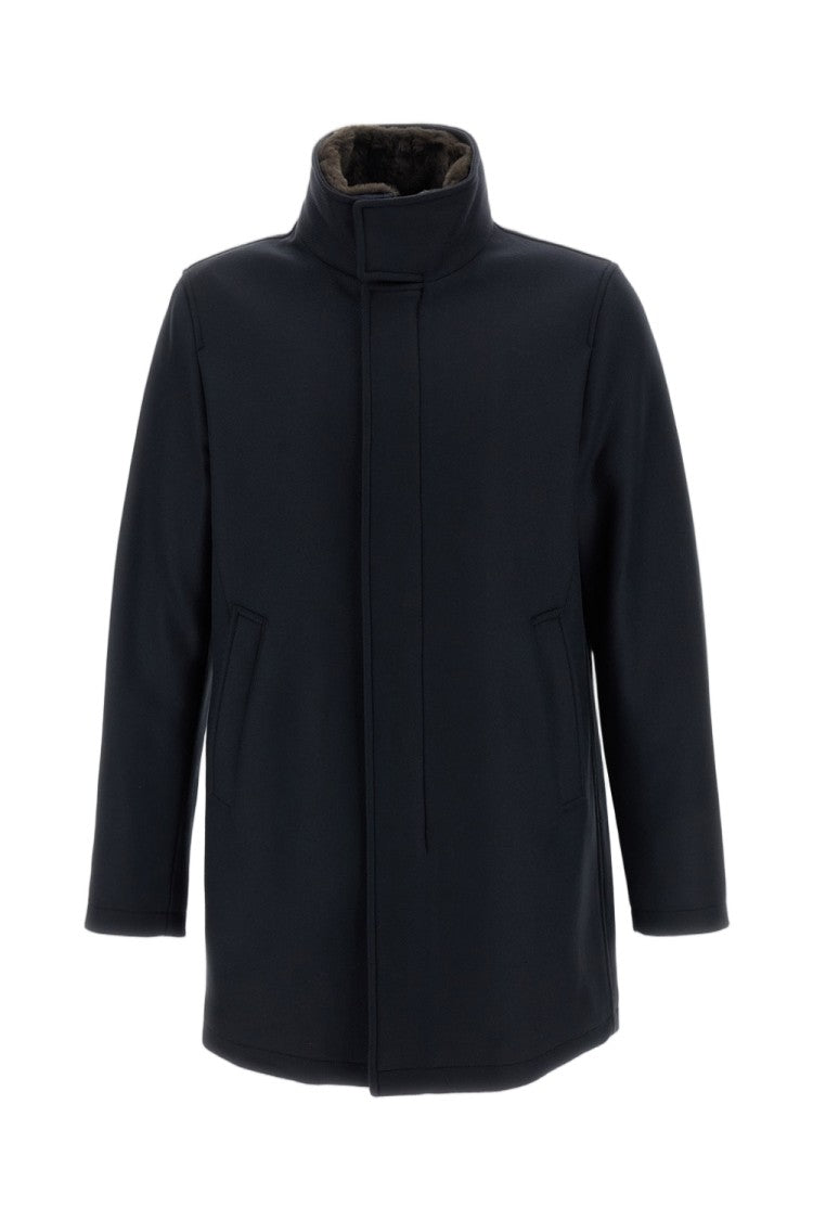 Herno Blue Ecowool Light Faux Fur Virgin Wool Coat