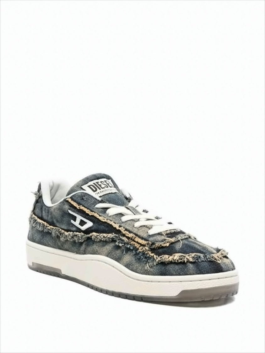 Diesel Distressed Denim Low-Top Sneakers With Textured Sole
