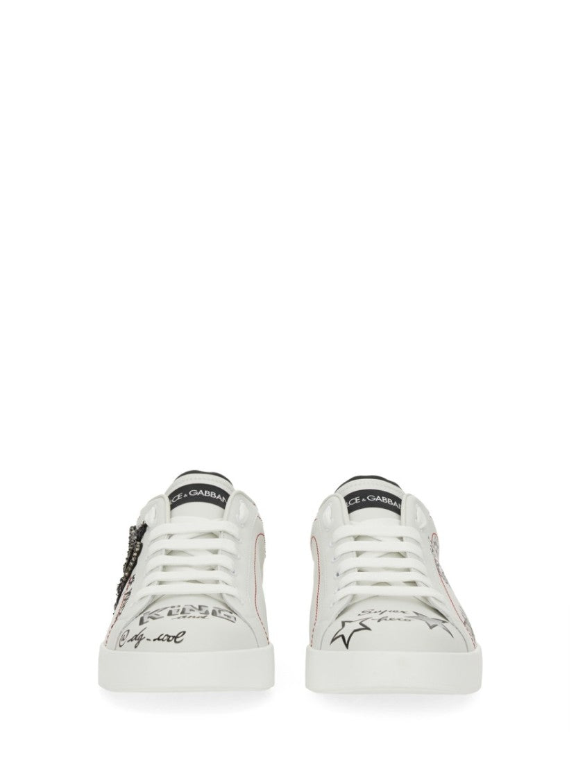 Dolce & Gabbana White Portfino Graffiti Printed Leather Sneakers