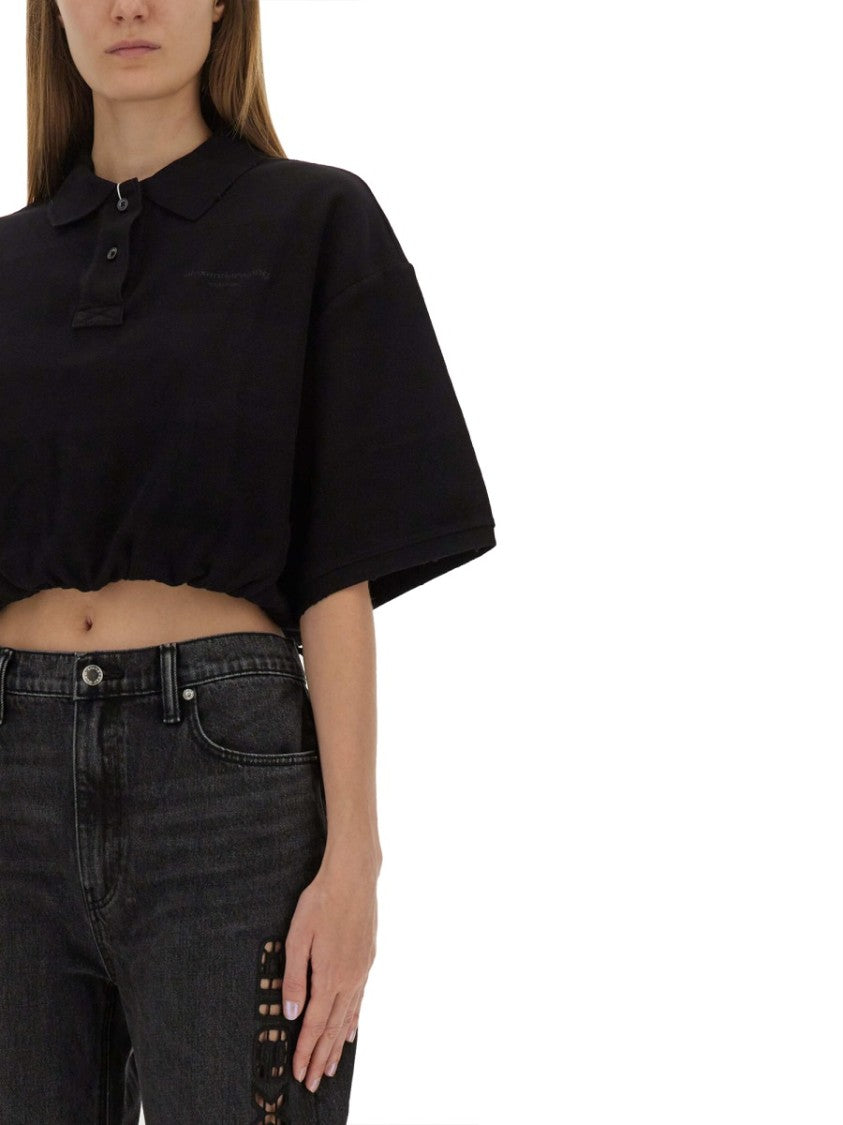 T By Alexander Wang Cropped Black Polo With Drawstring Hem