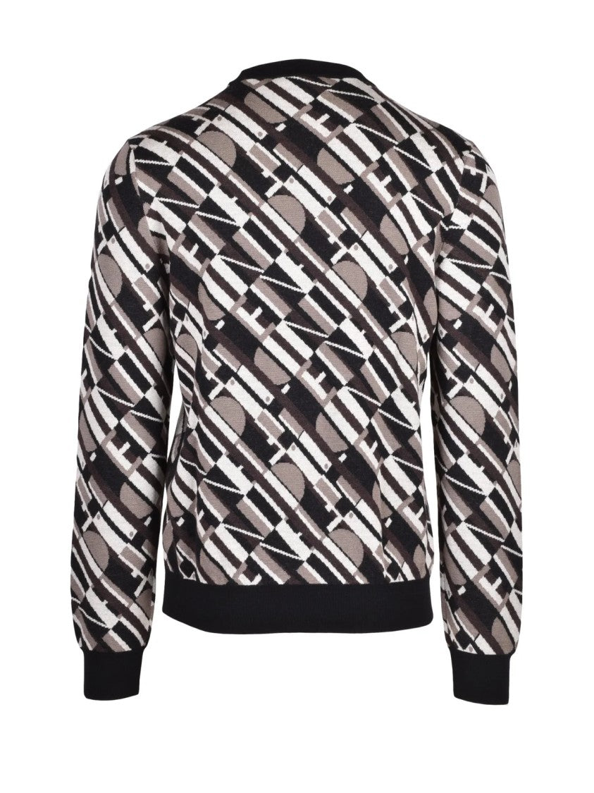 Fendi Brown/Black Geometric Pattern Wool-Blend Crewneck Sweater