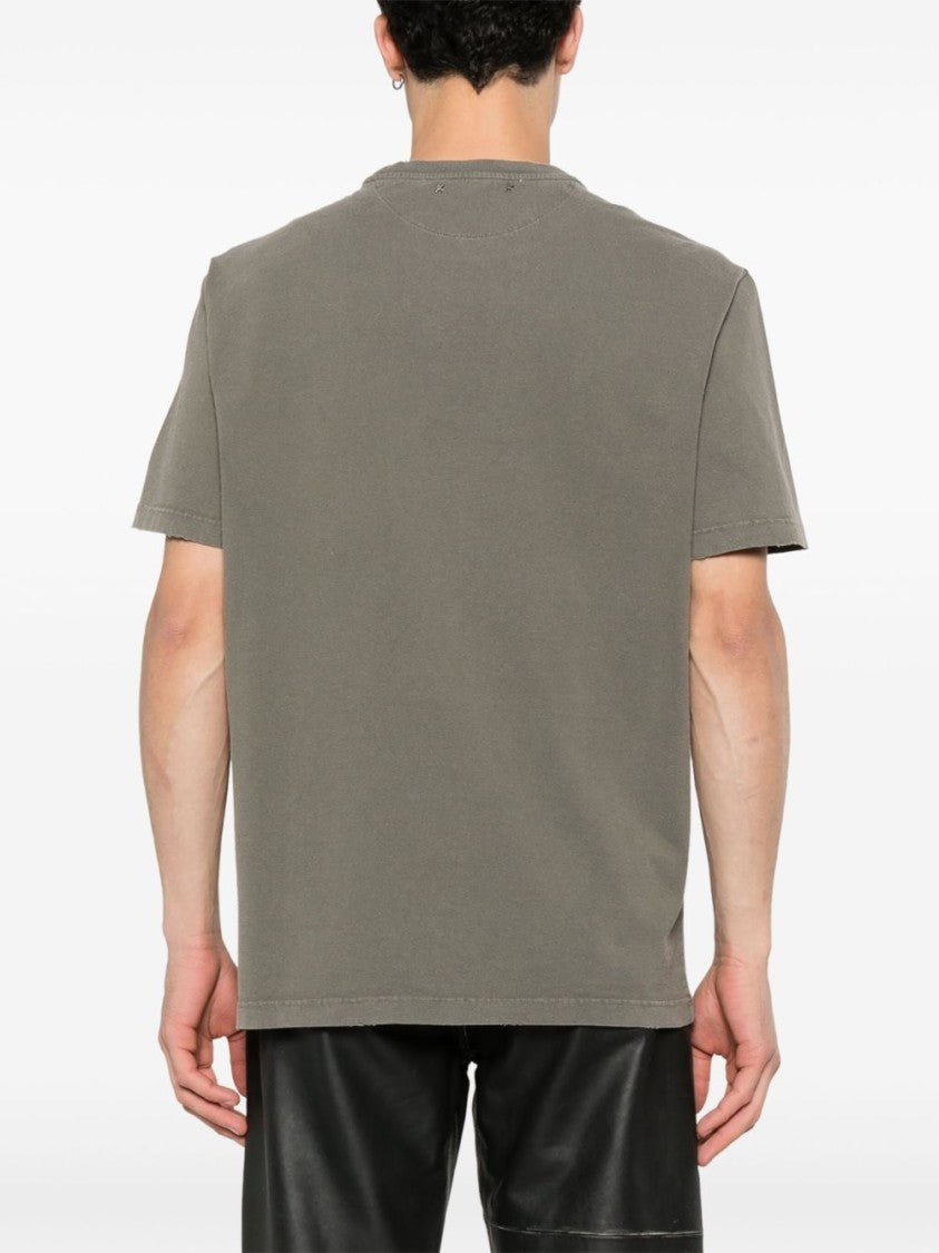 Golden Goose Dust Olive Green Distressed Printed Cotton T-Shirt
