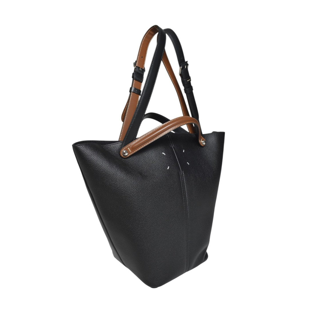 Maison Margiela Pebbled Black Leather Tote Bag With Contrasting Handles