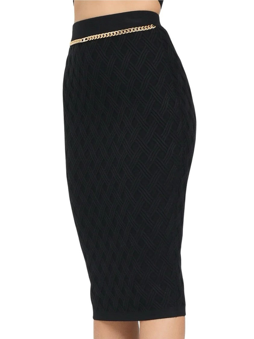 Elisabetta Franchi Textured Knit Midi Skirt With Gold Chain Belt Detail