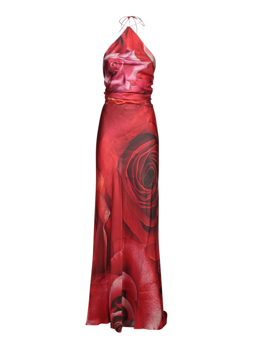 Roberto Cavalli Rose-Printed Silk Halter Dress With Flowy Skirt