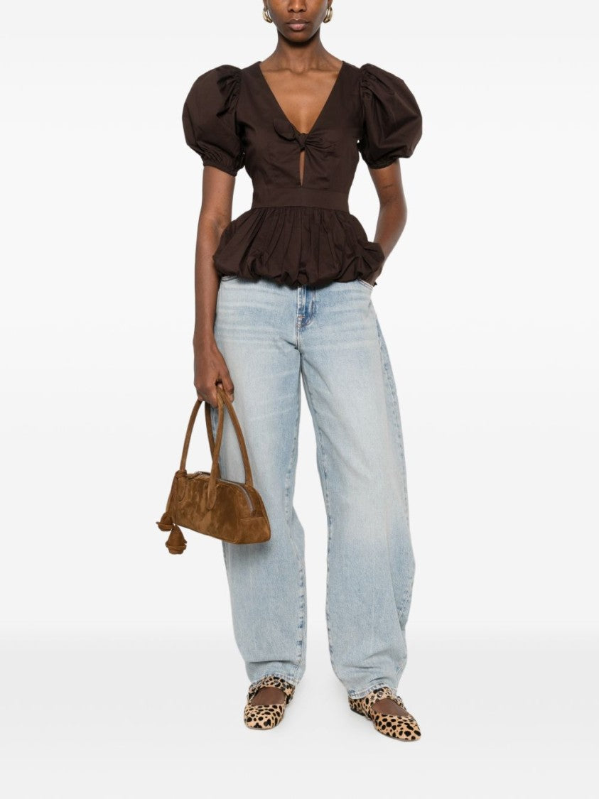 Rotate Deep V-Neck Top With Puff Sleeves And Bow Detail