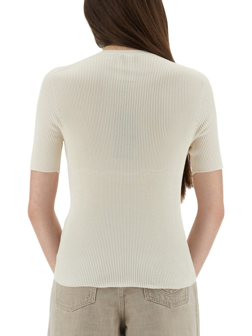 Fendi Ribbed Cotton T-Shirt With Subtle Logo Detail