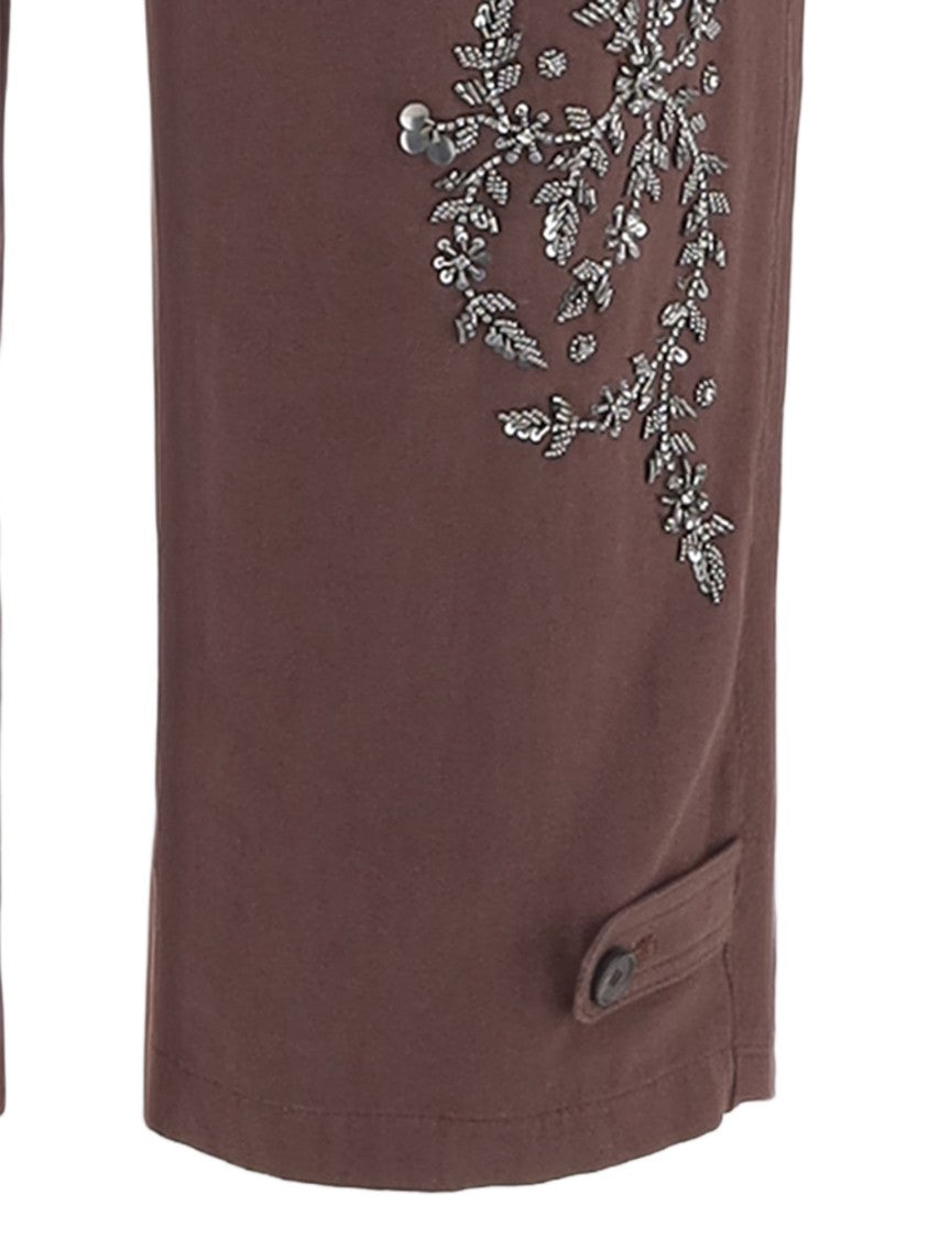 Novelle Brown Floral Embroidered Cotton Straight-Leg Pants