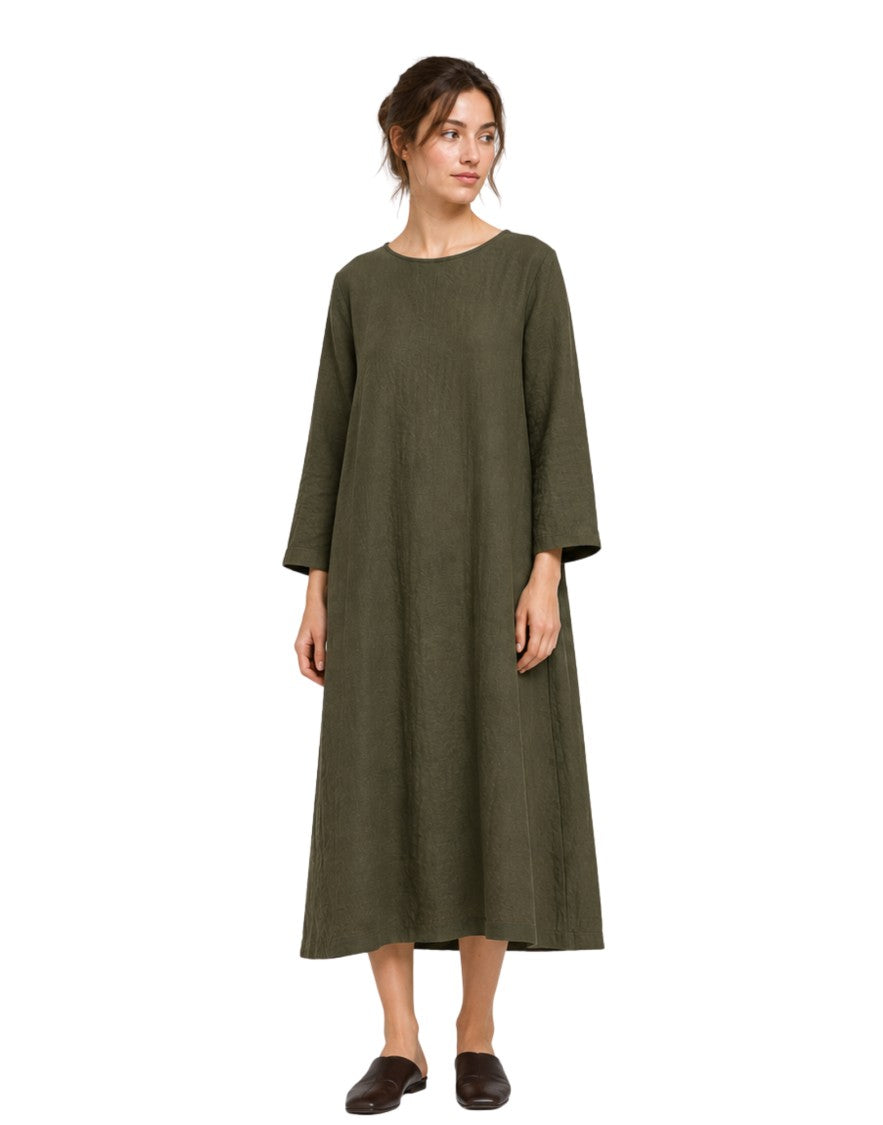 Pomandère Military Green Organic Cotton Flared Maxi Dress