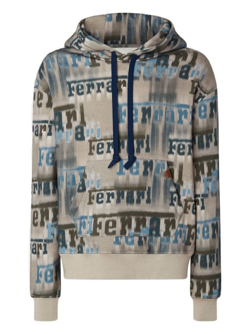 Ferrari Beige Hooded Sweatshirt With All-Over Logo Print And Pouch Pocket