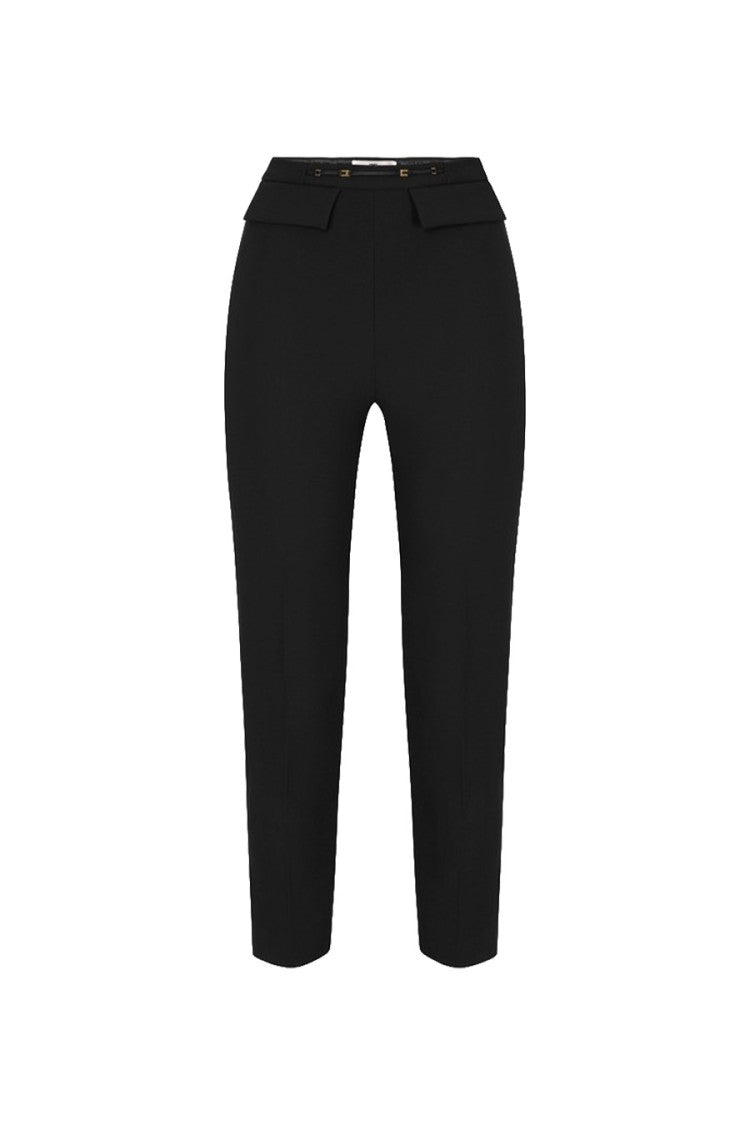 Elisabetta Franchi Black Flap Pocket Buckle Waist Polyamide-Blend Cropped Pants
