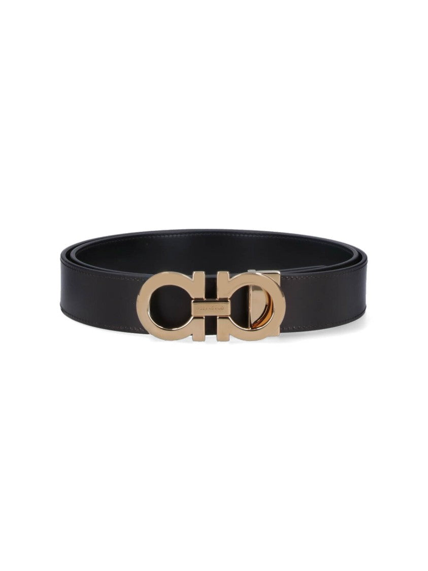 Ferragamo Reversible Black Leather Belt With Gold-Tone Gancini Buckle