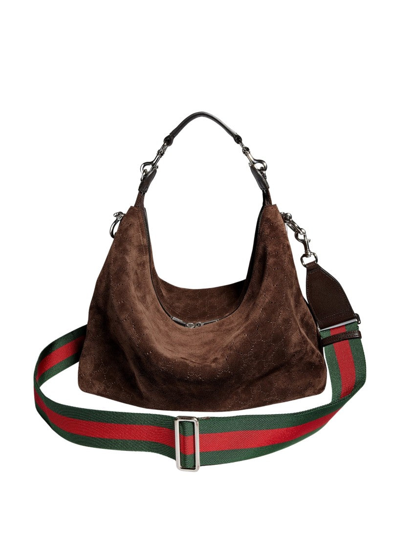 Gucci Perforated Dark Brown Suede Crossbody Bag With Palladium Hardware