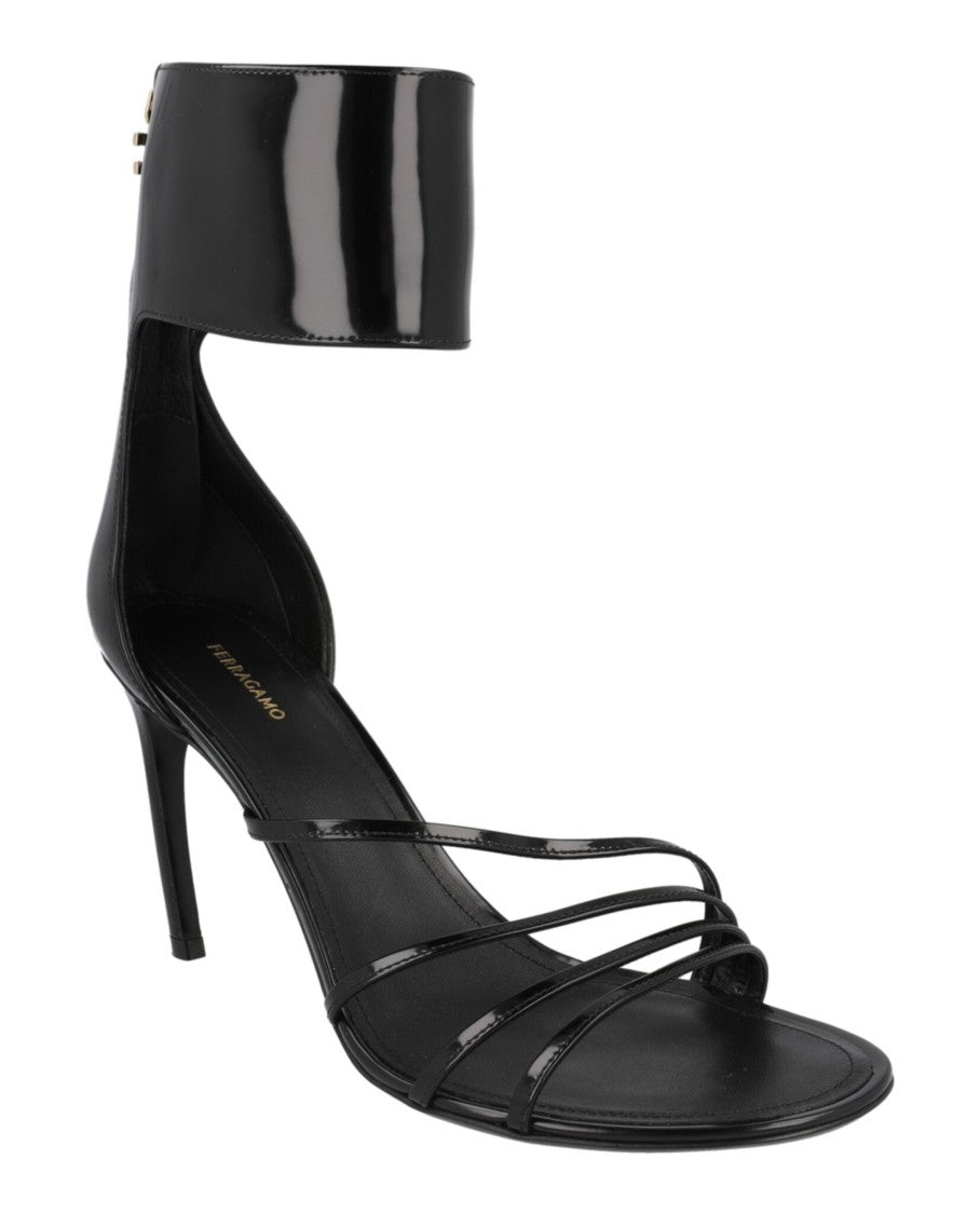 Ferragamo Clethra 85 Patent Leather Heel Sandals With Gold-Tone Accents