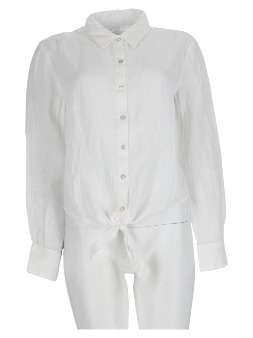 120% Lino White Tie-Front Linen Casual Shirt