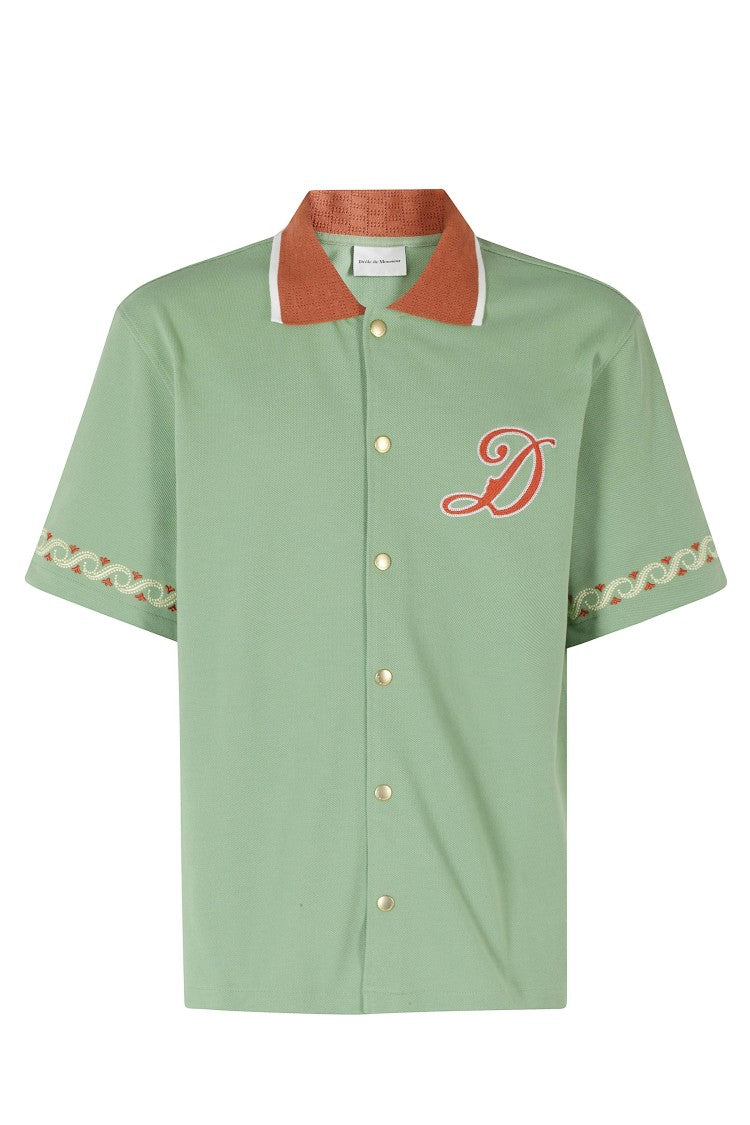 Drôle De Monsieur Green Folk Embroidered-Logo Short-Sleeve Cotton Casual Shirt