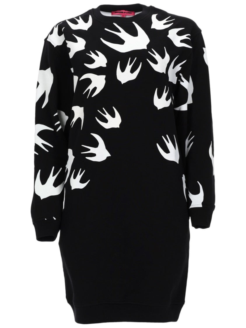 Alexander Mcqueen Relaxed Fit Black Mini Dress With Graphic Bird Print