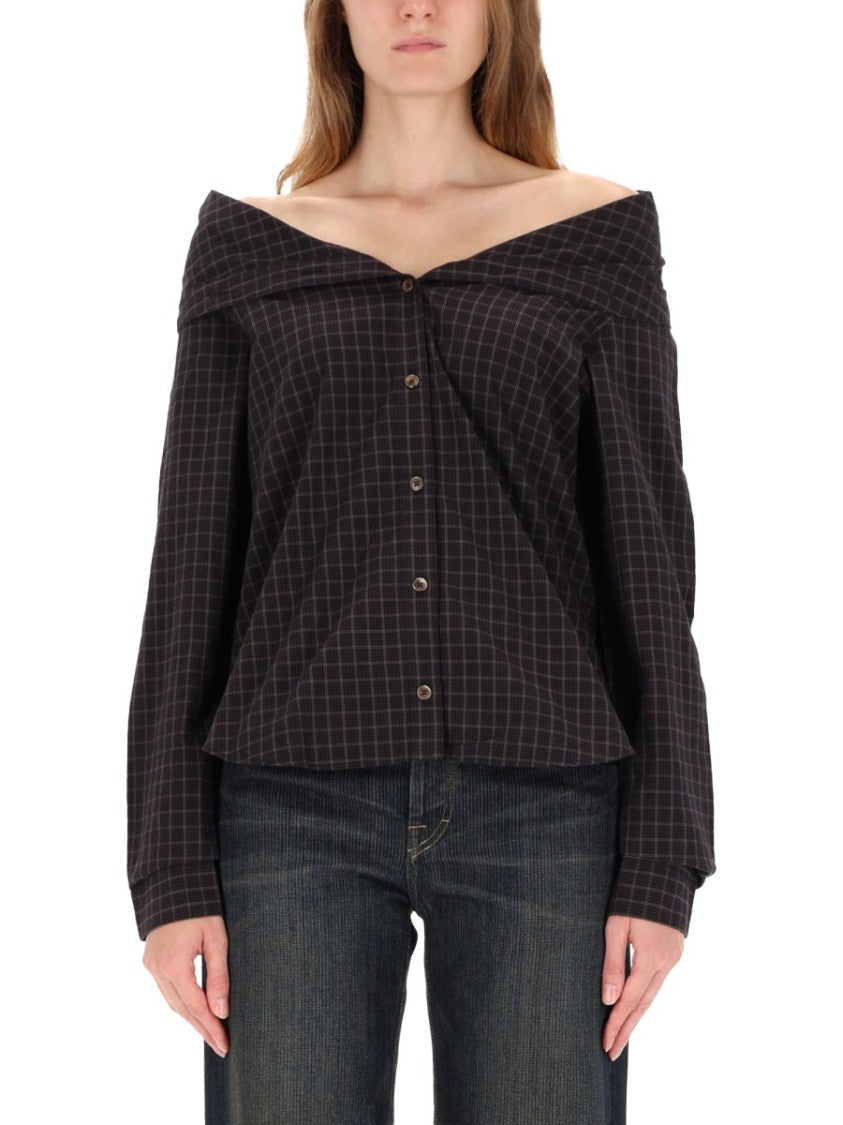 Our Legacy Off-The-Shoulder Black Shirt With Subtle Grid Pattern