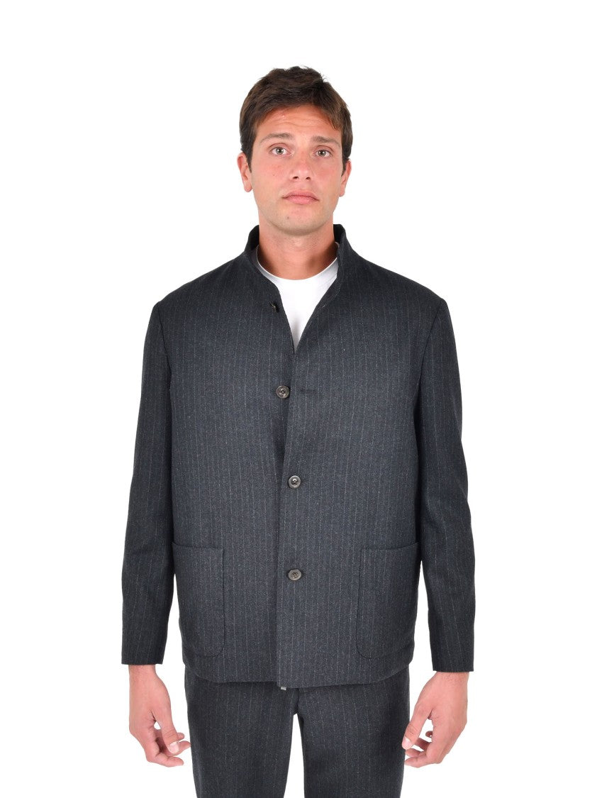 Boglioli Fluid Blue Pinstriped Jacket With Stand Collar