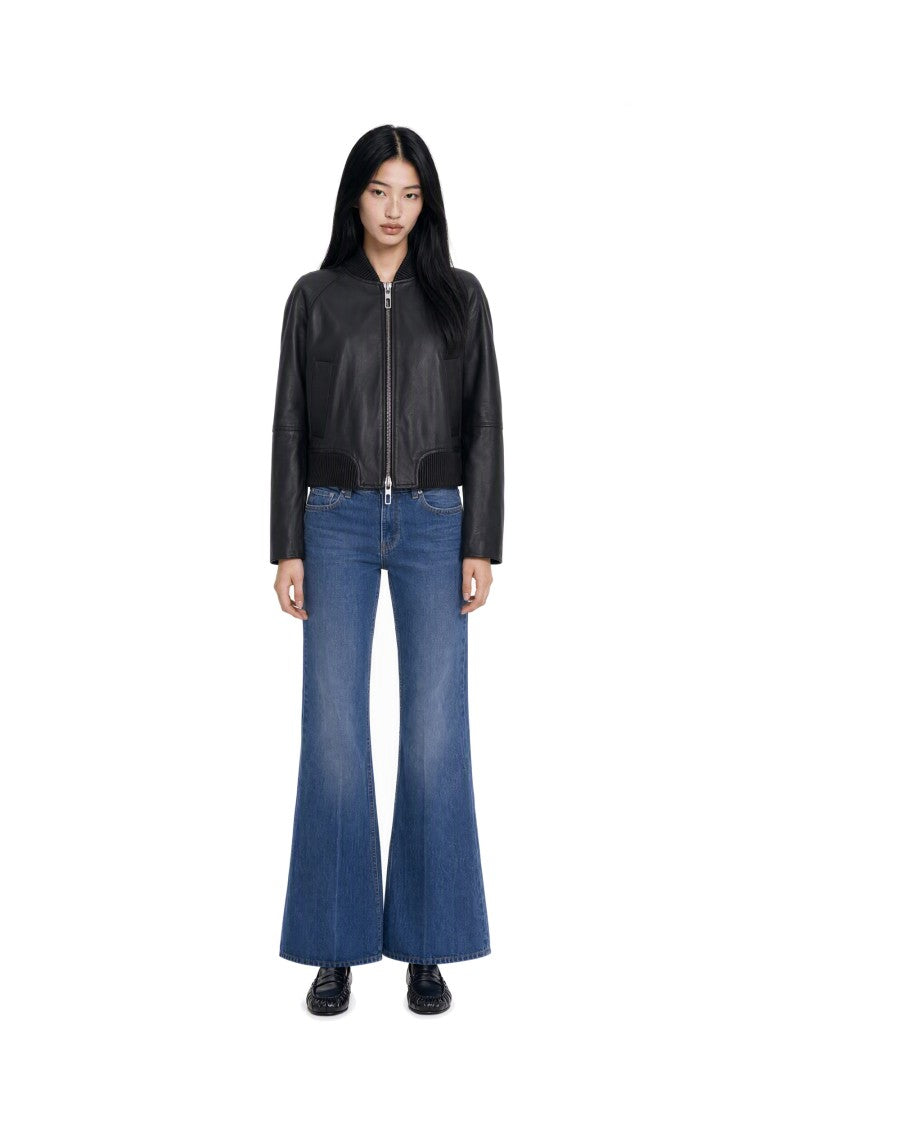 Sportmax Black Smooth Lambskin Ribbed Collar Zip Bomber Jacket