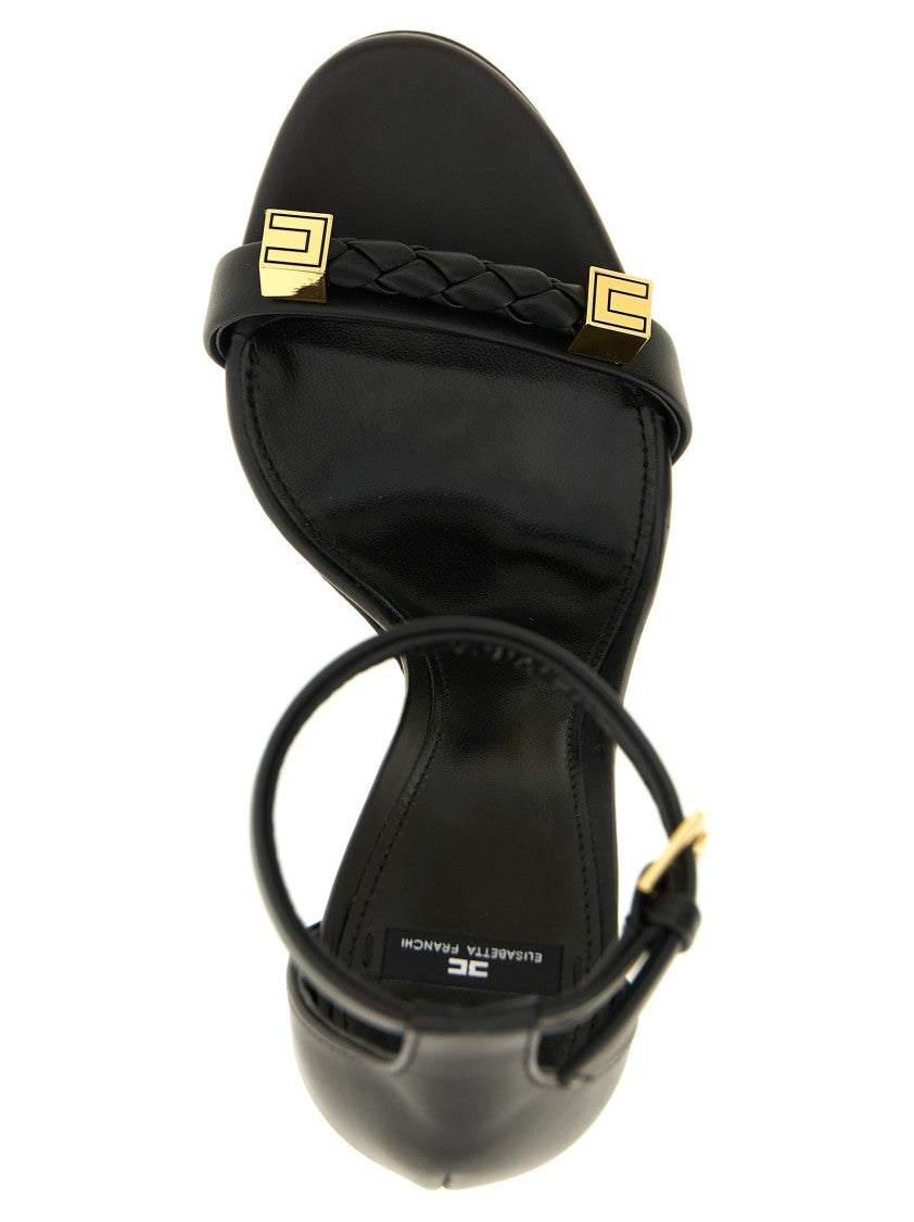 Elisabetta Franchi Black Leather Sandals With Woven Front Strap