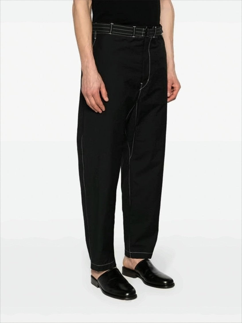 Lemaire Relaxed Fit Black Straight Pants With Belt Detail And Contrasting Stitching