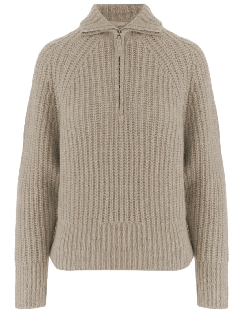 Allude Beige Zip Turtleneck Cashmere-Silk Sweater