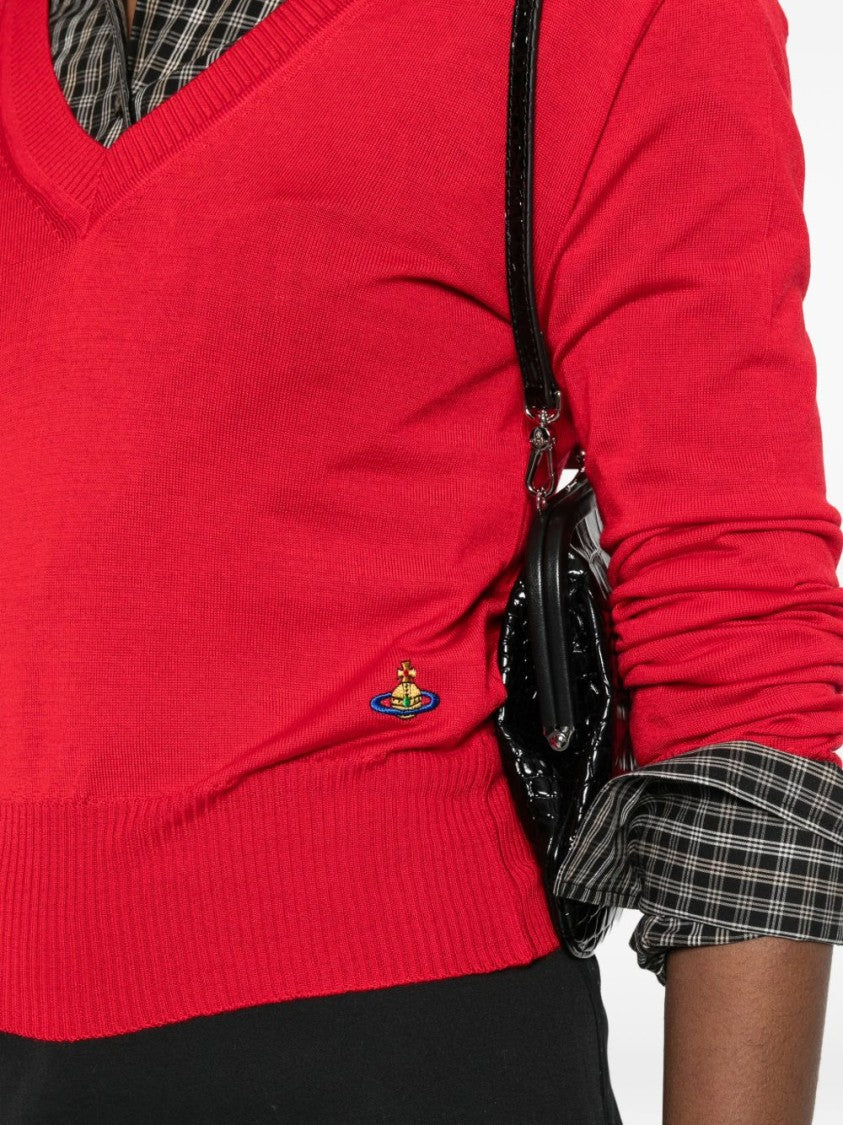 Vivienne Westwood Red V-Neck Orb Logo Ribbed Sweater