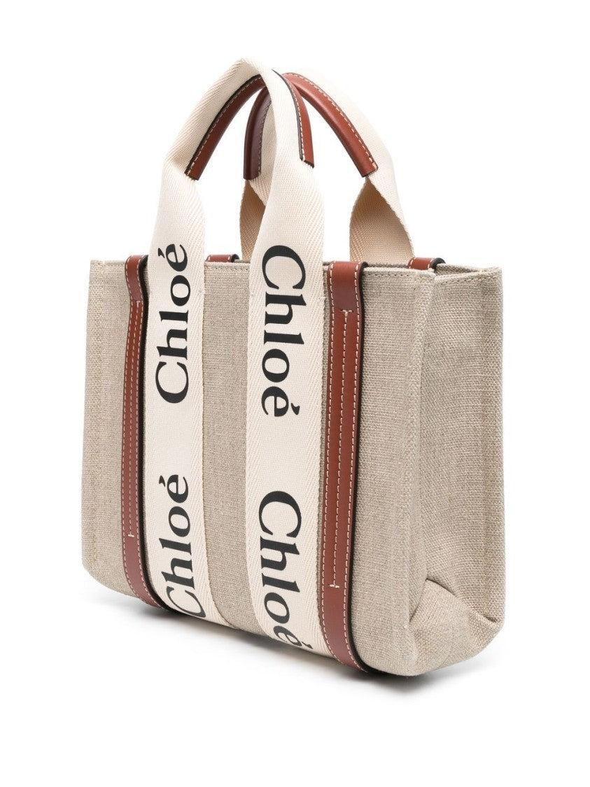 Chloé Beige Woody Small Linen Tote Bag