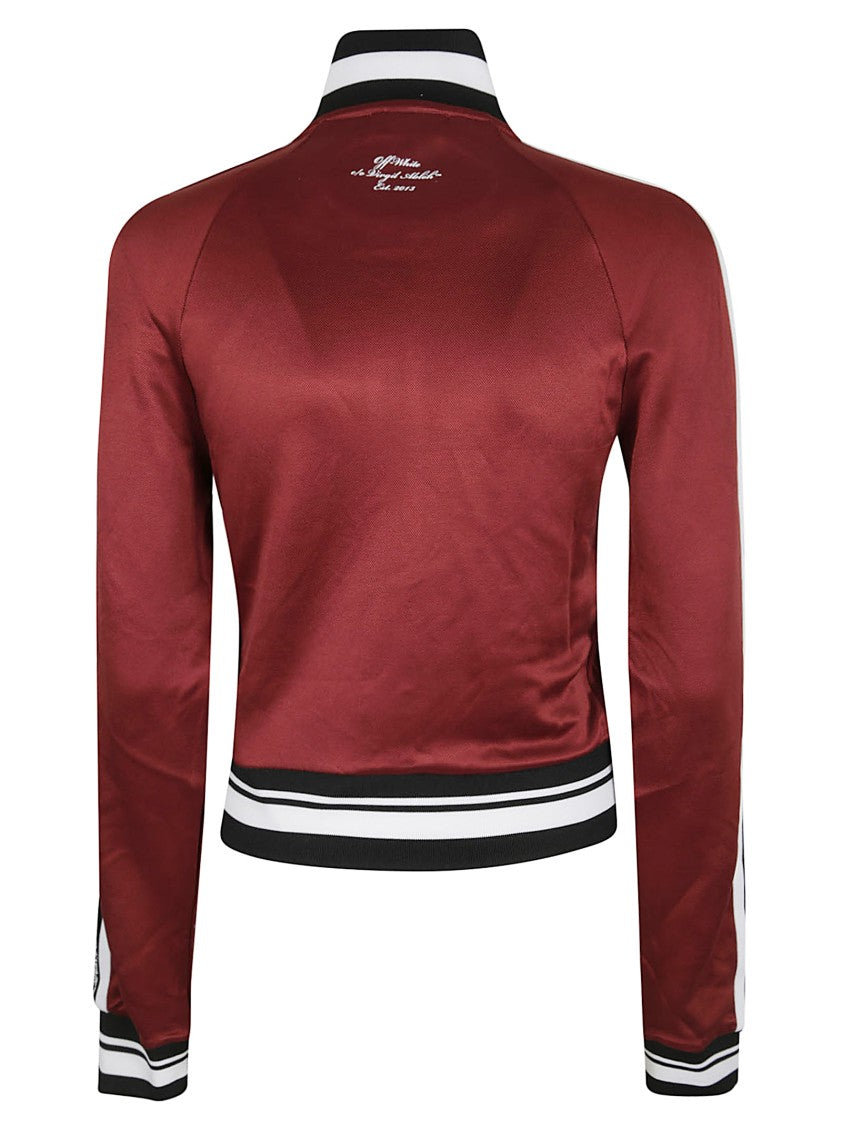 Off-White Dark Red Zip-Front Sweatshirt With Contrasting Stripes