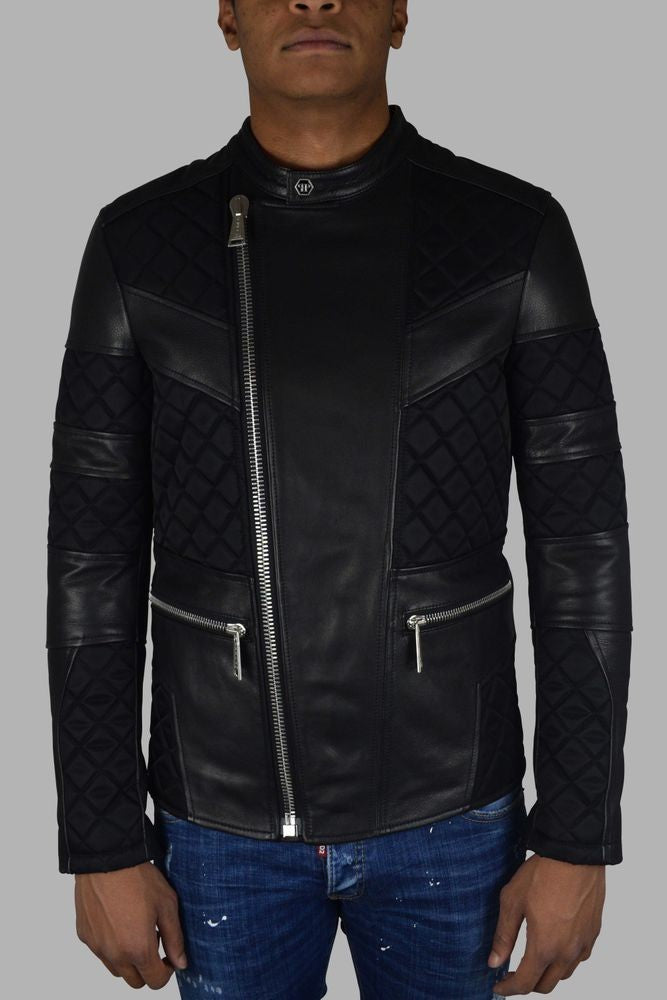 Philipp Plein Black Leather Biker Jacket With Quilted Panels
