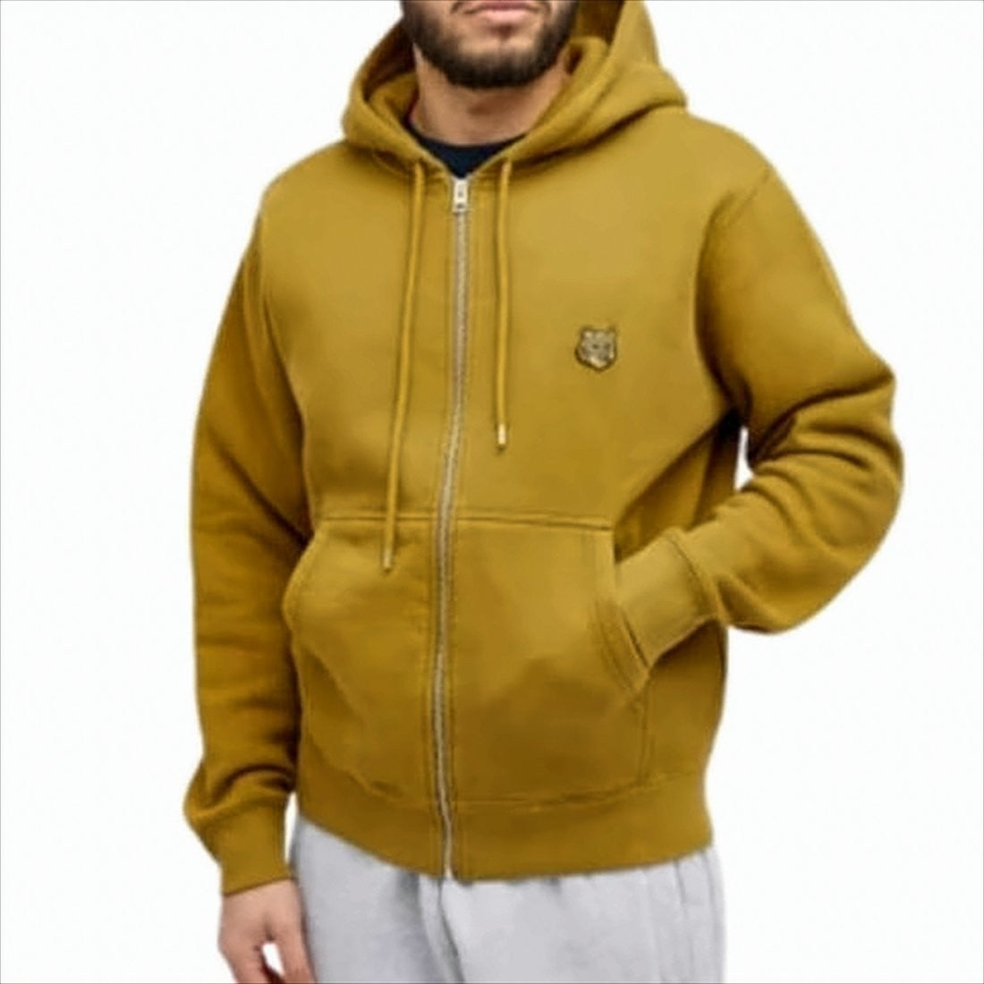 Maison Kitsuné Solid Mustard Yellow Zip-Up Hoodie With Emblematic Fox Logo